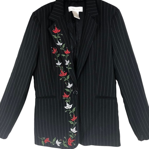 NWT Lucy Pereda Floral Embroidered Office Blazer w/Padded Shoulder sz 12 Blk Pin - Picture 2 of 11